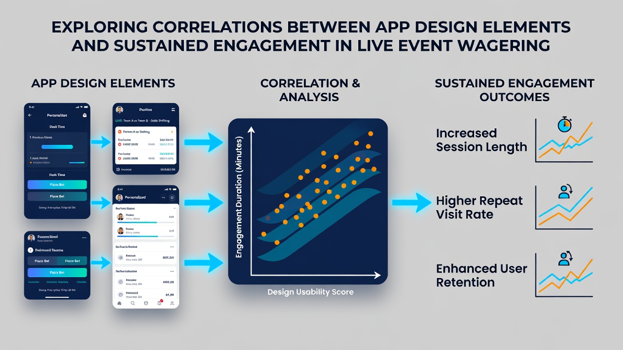 Analytics dashboard displaying user engagement metrics, session duration graphs, and design element performance charts for live wagering apps