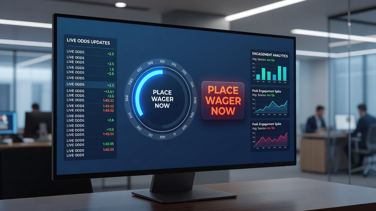 Dashboard screenshot of a real-time wagering platform displaying animated progress indicators, live score overlays, and customizable notification settings